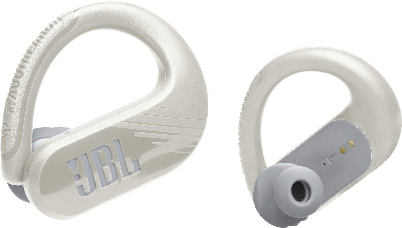 Deux écouteurs sans fil JBL blancs. L'un affiche le logo JBL, l'autre les détails sur l'écouteur.