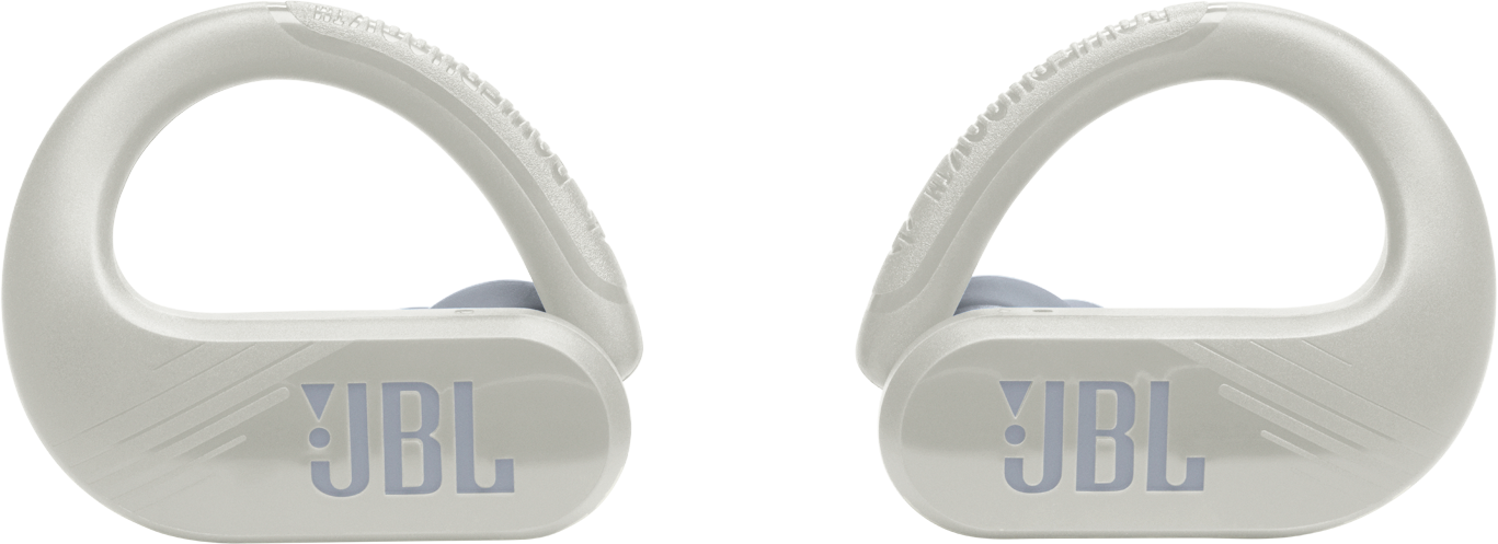 Deux écouteurs JBL gris avec crochets d'oreille, le logo JBL est visible.