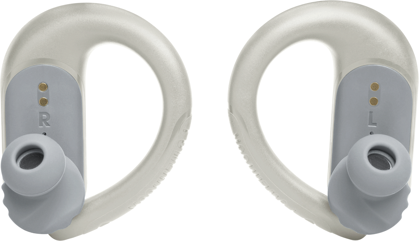 Deux écouteurs blancs et gris, avec crochets d'oreille. Marquages 'R' et 'L' visibles.