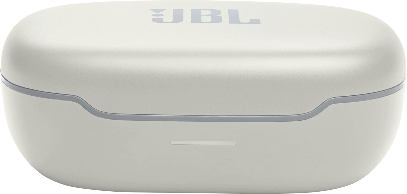 Un étui blanc et arrondi pour écouteurs JBL. Le logo JBL est visible sur le dessus. Détail de la bande grise.