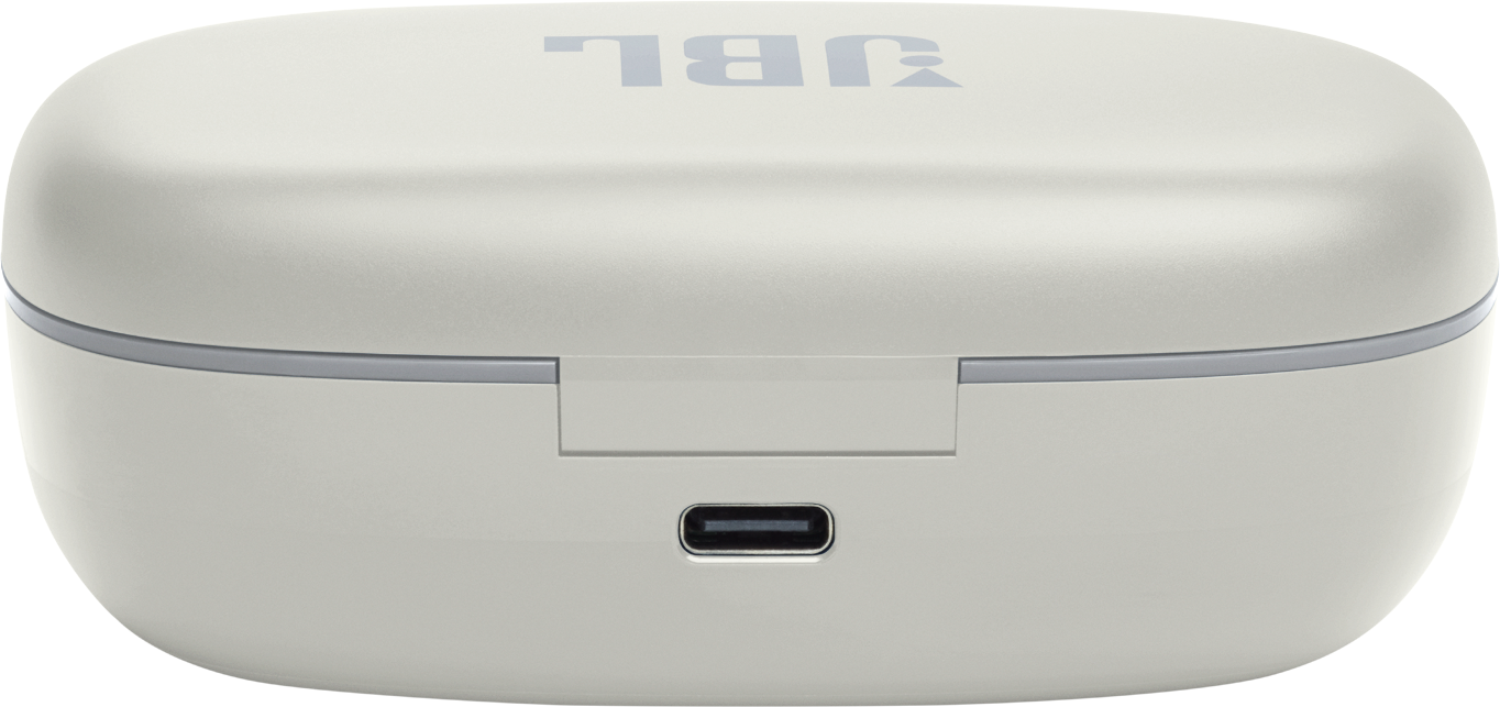 Gros plan d'un étui de chargement d'écouteurs JBL blanc avec un port USB-C.