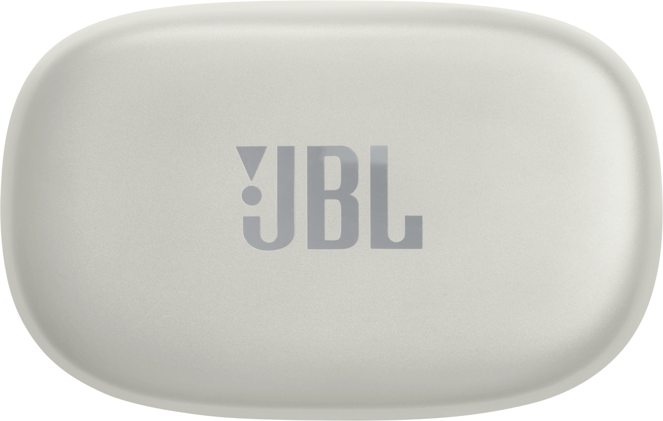 Étui d'écouteurs JBL blanc avec le logo JBL en gris, vue de dessus.