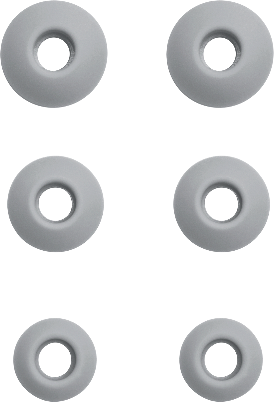 Six embouts d'oreille gris en forme de beignet sur fond blanc.