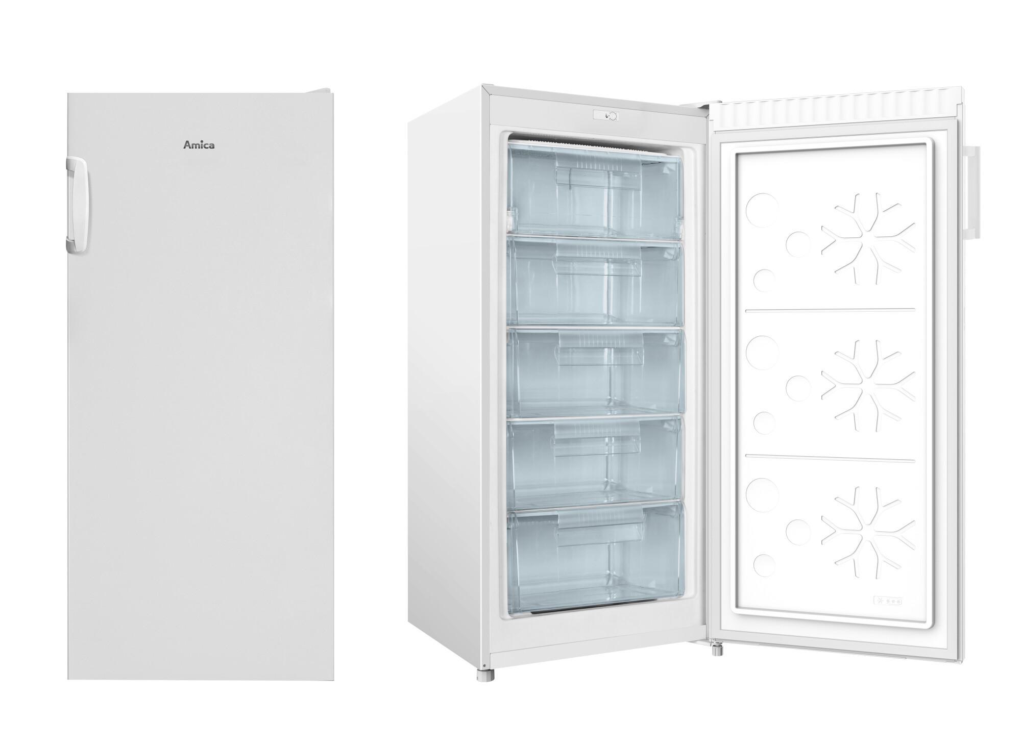 Weißer Amica-Gefrierschrank mit offener Tür. Innenraum zeigt Regale und Tiefkühlkost.