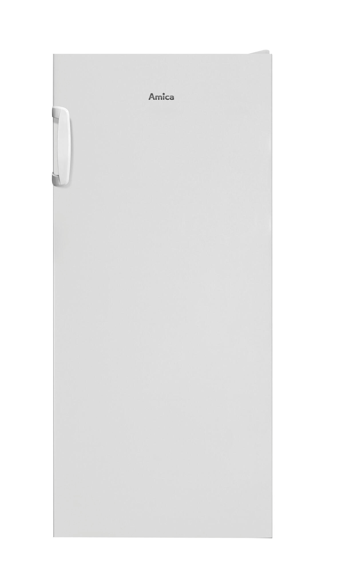 Weißer Amica-Kühlschrank. Hohe, weiße Tür mit silbernem Griff.