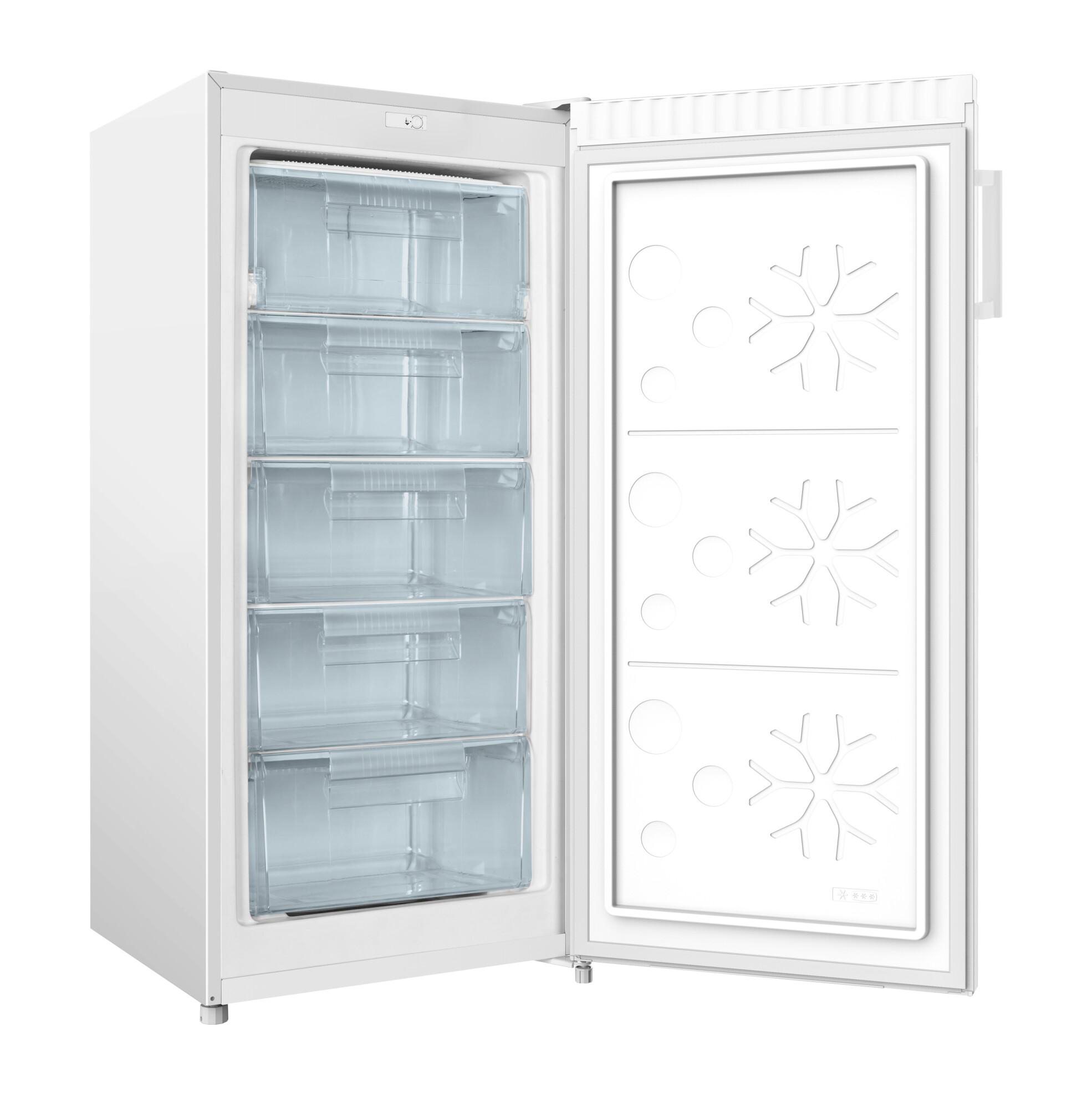 Ein weißer Gefrierschrank mit offener Tür, der transparente Schubladen und Schneeflockenmuster an der Rückwand zeigt.