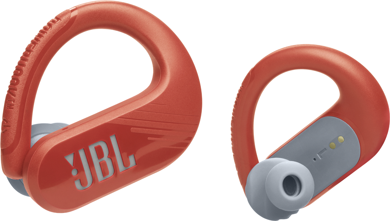 Deux écouteurs JBL orange, les embouts sont gris. L'un affiche le logo de la marque. Le fond est blanc.