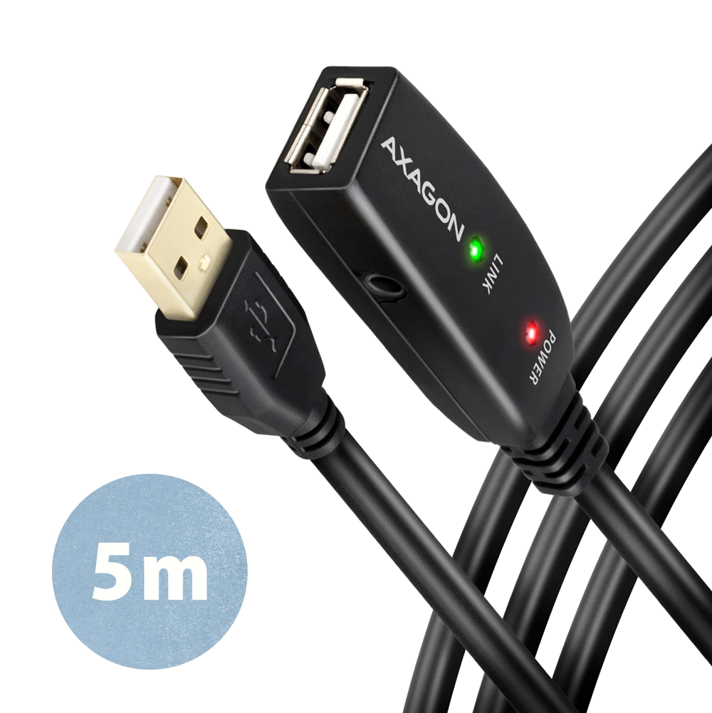 AXAGON Aktív USB2.0 hosszabbító kábel, tápegység nélkül, 5 méter, fekete (ADR-205)