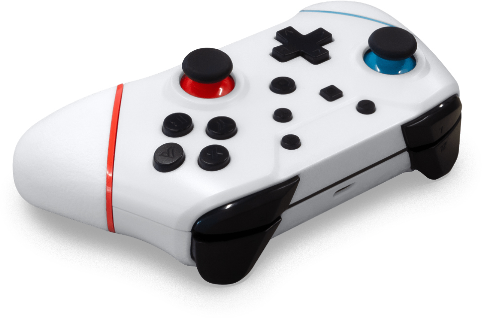 Fehér gamepad fekete gombokkal és piros díszítéssel, ferde nézet.