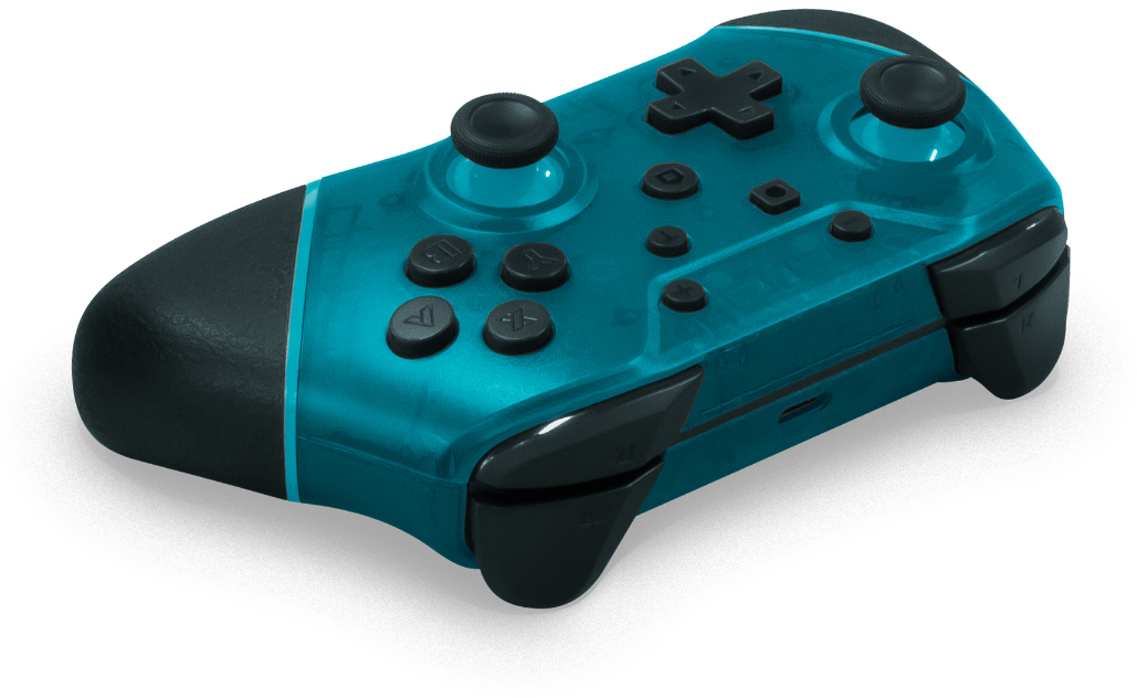 Egy türkiz színű játékvezérlő fekete díszítéssel. Gombok és joystickok vannak rajta.
