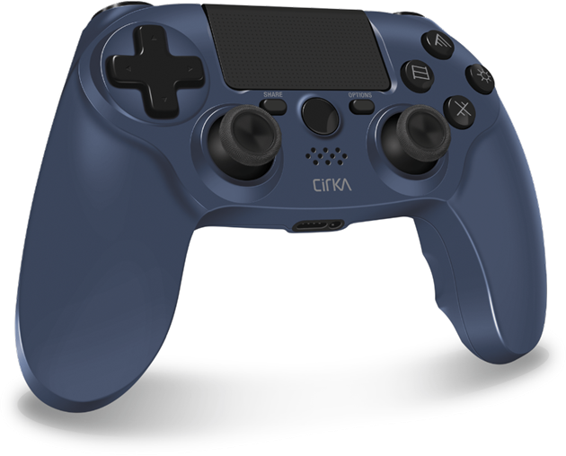 Kék játékvezérlő gombokkal és joystickokkal. Fehér háttér.