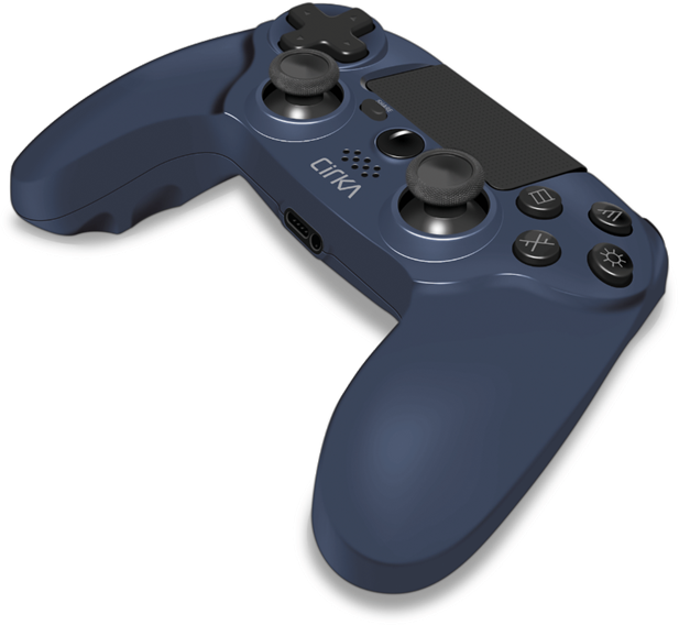 Egy kék Cirka kontroller gombokkal és joystickokkal, ferdén fehér háttér előtt.