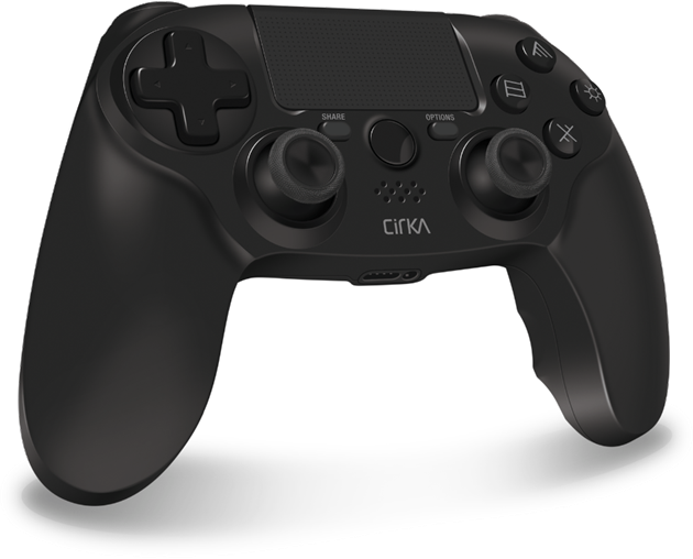 Fekete Cirka játékvezérlő, gombokkal és joystickokkal.