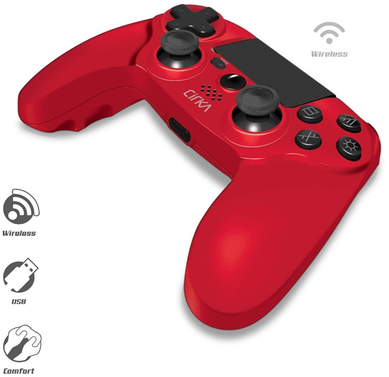 Piros Cirka vezeték nélküli vezérlő. Gombokkal és joystickkel rendelkezik. Vezeték nélküli és USB ikonok.