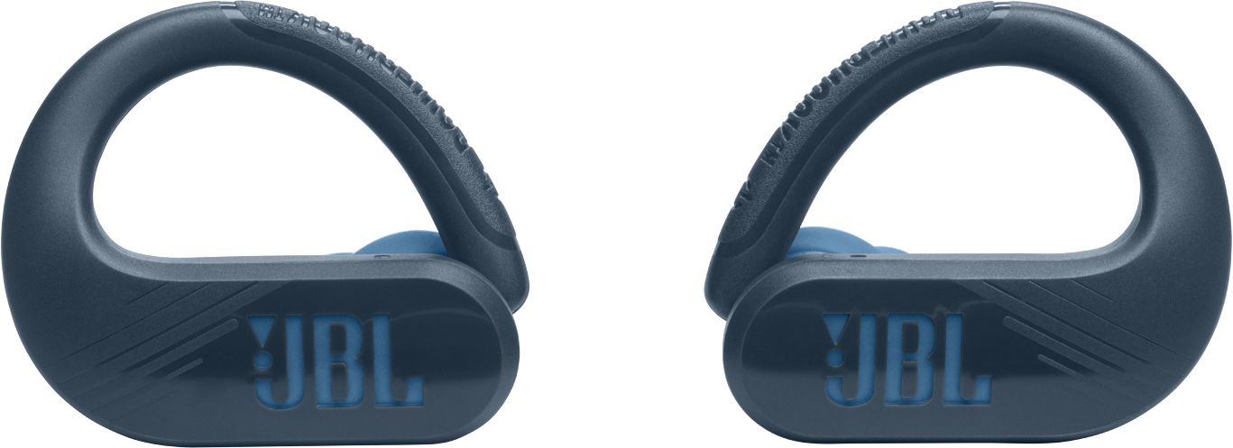 Zwei dunkelblaue JBL-Kopfhörer mit Ohrbügeln. Das JBL-Logo ist sichtbar. Weißer Hintergrund.