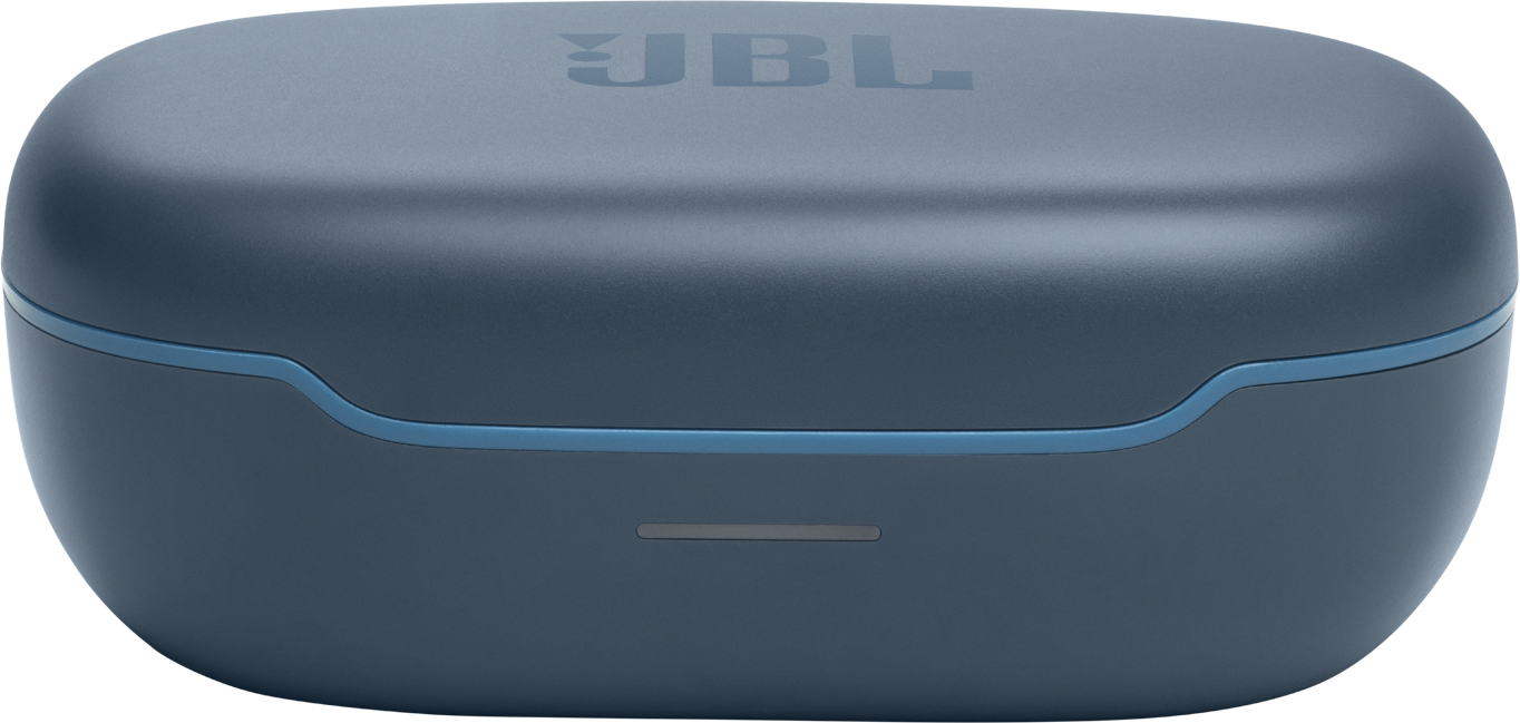 Ein marineblaues JBL-Kopfhörer-Etui. Das Etui ist oval mit einer hellblauen Akzentlinie. Das JBL-Logo ist oben sichtbar.