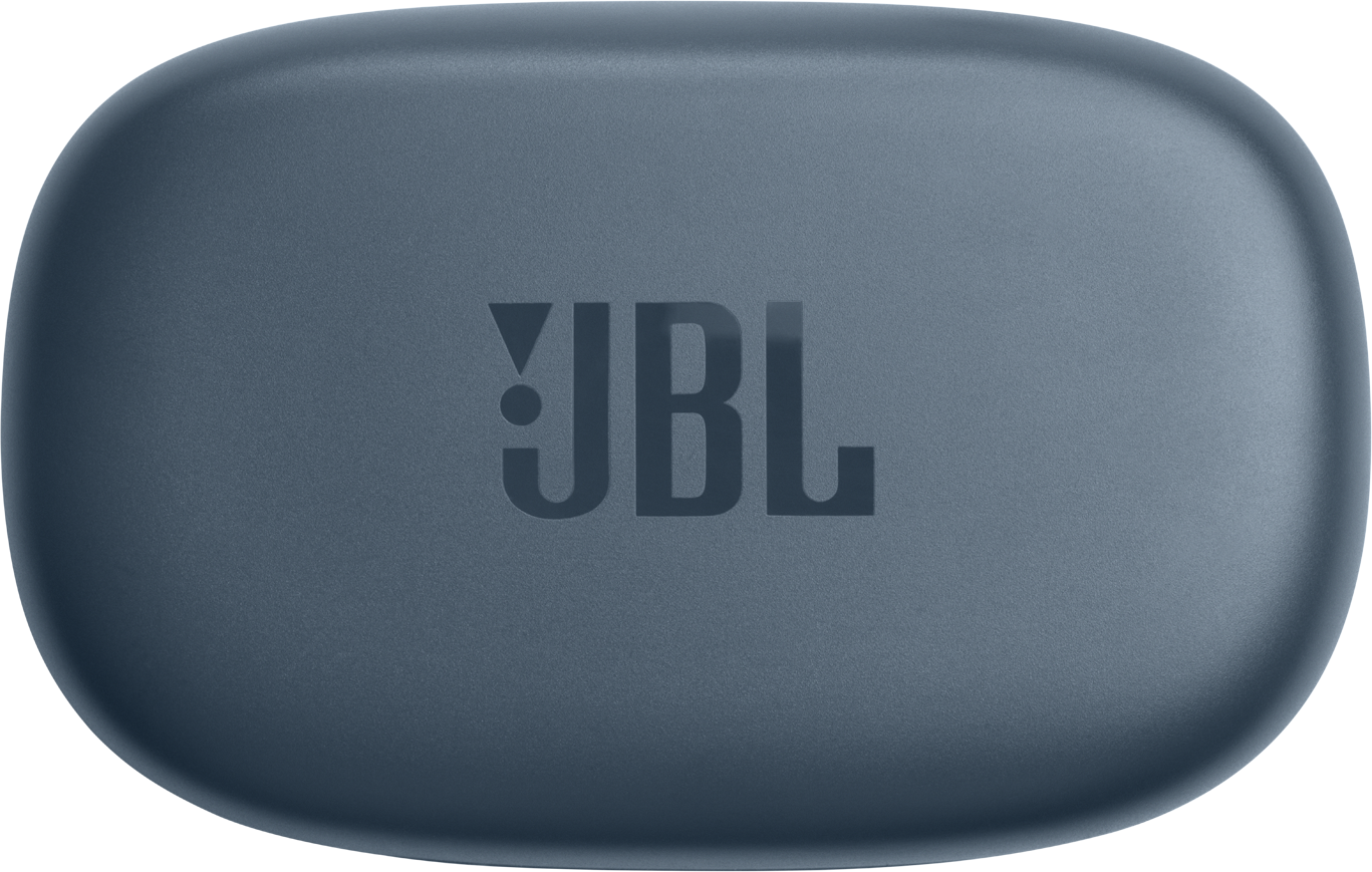 Ein blau-graues, abgerundetes Gehäuse. Das JBL-Logo ist in der Mitte geprägt. Das Gehäuse hat eine matte Oberfläche.