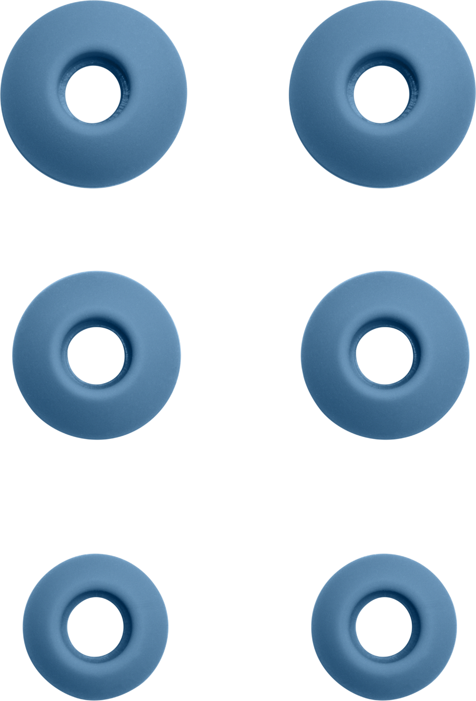 Sechs blaue, ringförmige Objekte auf weißem Hintergrund. Jeder Ring hat ein zentrales Loch.