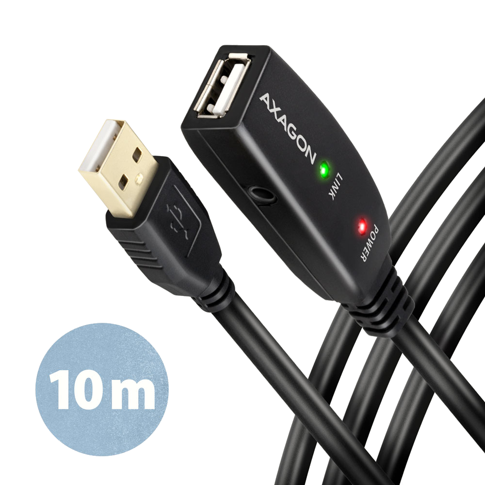 AXAGON Aktív USB2.0 hosszabbító kábel, tápegység nélkül, 10 méter, fekete (ADR-210)
