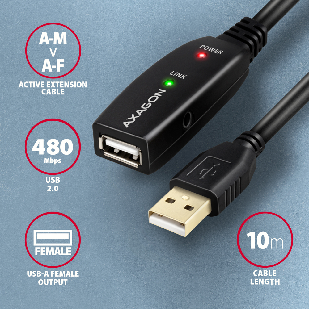 Fekete USB hosszabbító kábel csatlakozókkal és címkékkel. Axagon és 480 Mbps.