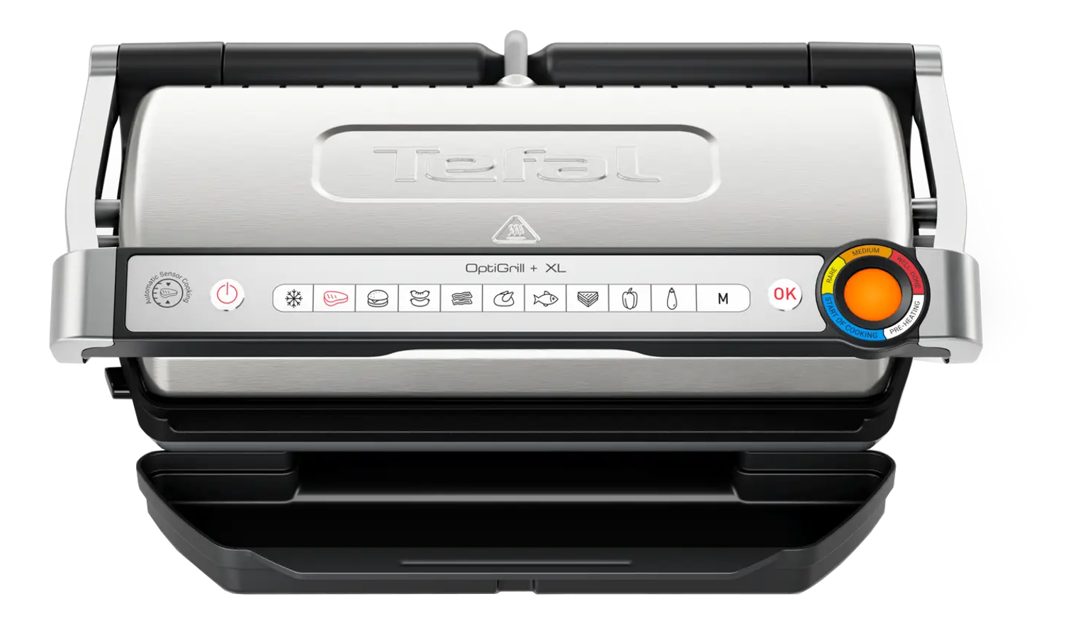 Draufsicht auf einen Tefal OptiGrill XL. Er hat eine Edelstahlplatte, schwarze Griffe und ein Bedienfeld.
