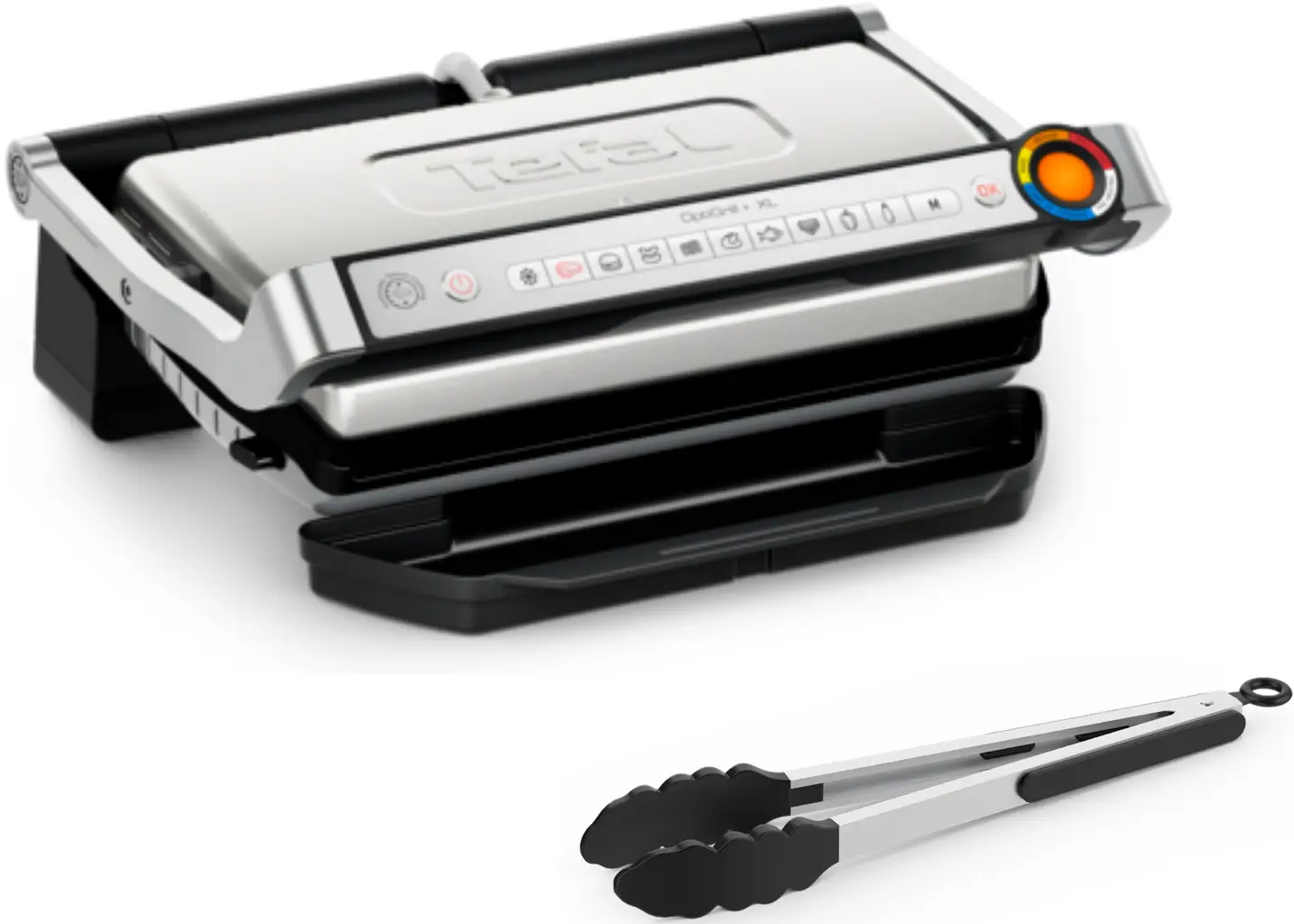Tefal OptiGrill XL mit Zange, auf weißem Hintergrund. Der Grill ist offen.