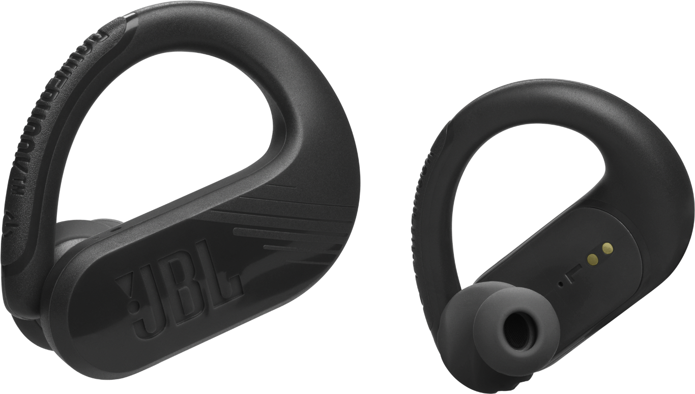 Schwarze JBL-Ohrhörer. Einer zeigt das JBL-Logo, der andere den Ohrhörer. Beide haben Ohrbügel.