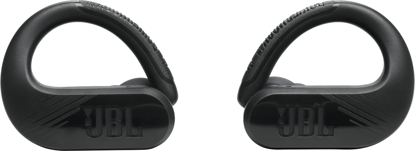 Schwarze JBL-Ohrhörer mit Ohrbügeln. Der Markenname JBL ist auf beiden Ohrhörern sichtbar.