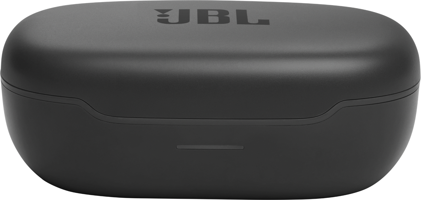 Schwarzes JBL-Kopfhörer-Etui. Glattes, geschwungenes Design. JBL-Logo oben. Weißer Hintergrund.