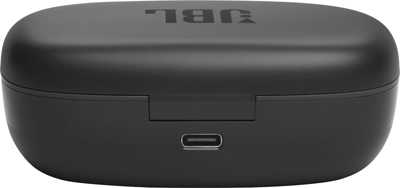 Schwarzes JBL-Kopfhörer-Ladecase mit USB-C-Anschluss.