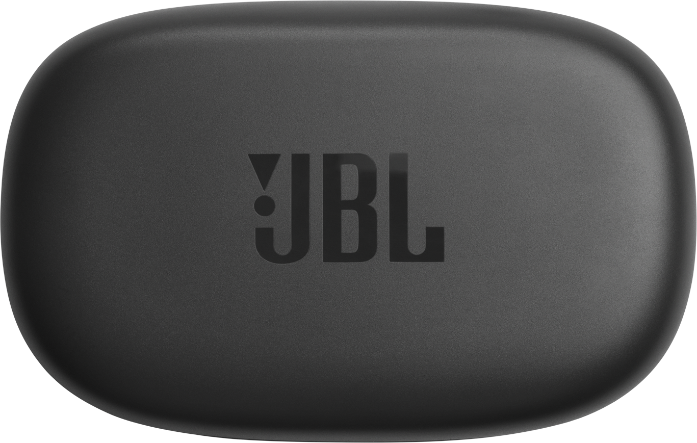Ein schwarzes JBL-Etui, oval geformt, mit dem JBL-Logo in der Mitte auf weißem Hintergrund.