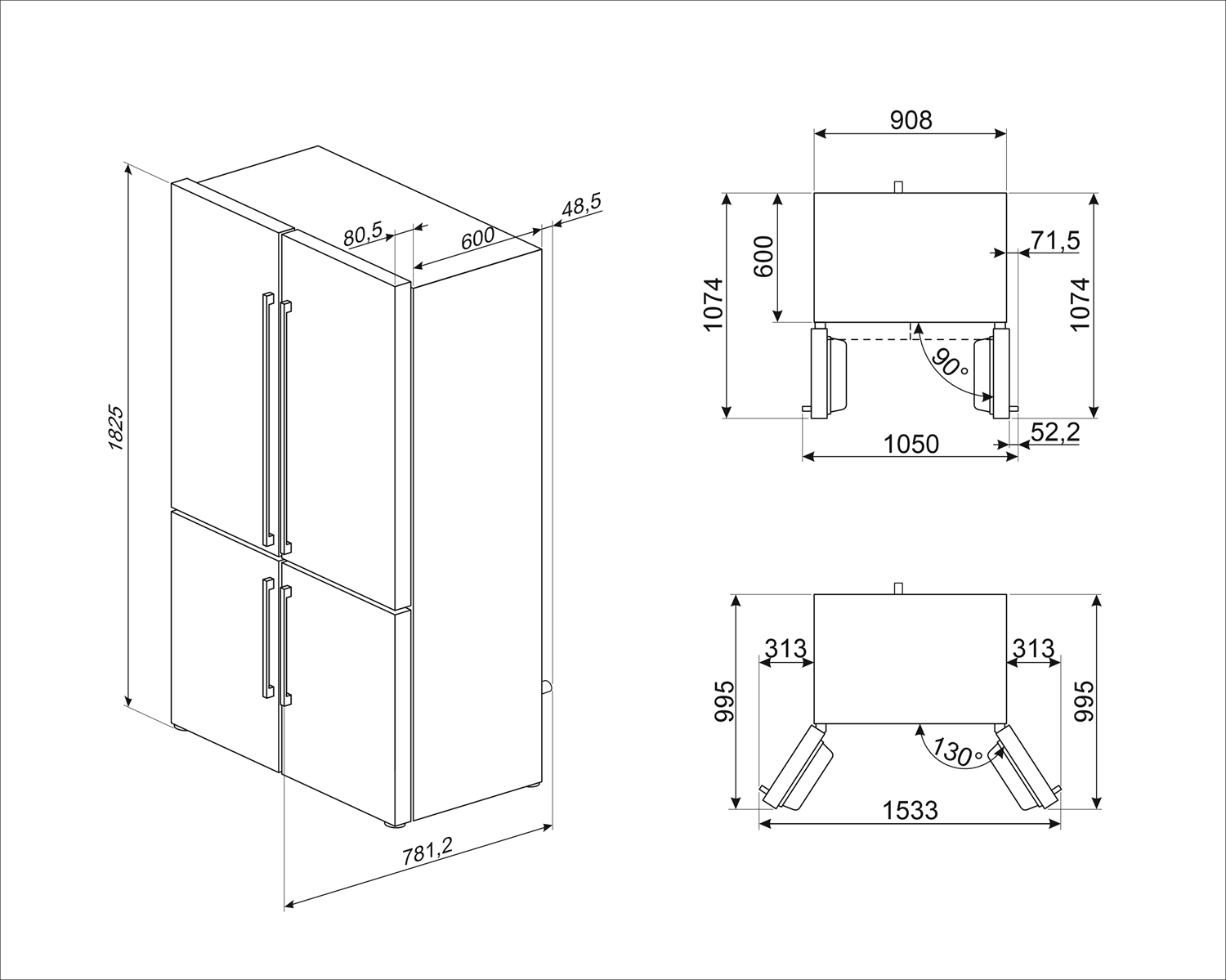 Diagramm eines Kühlschranks mit Maßen und Abmessungen.