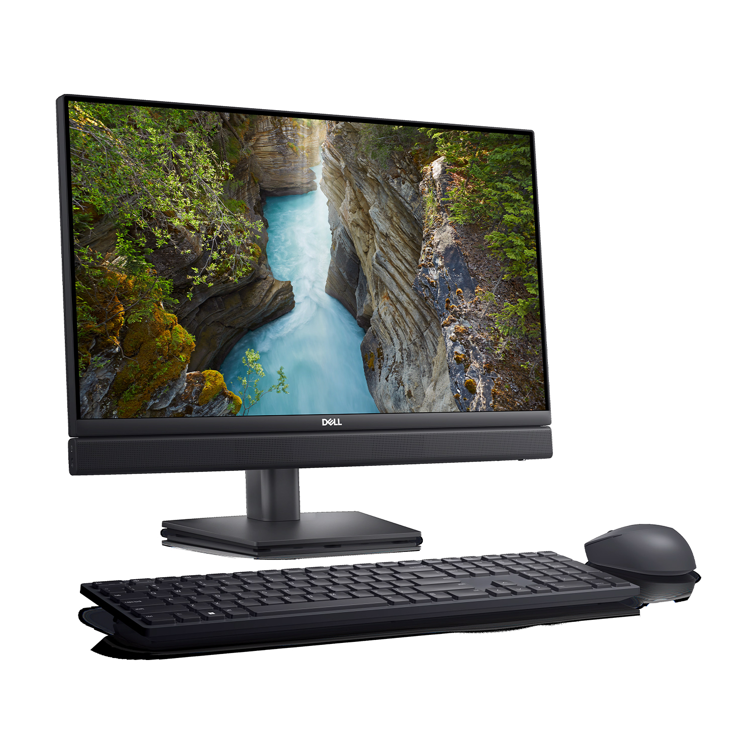 Un'impostazione del computer. Presenta un monitor, altoparlanti, tastiera e mouse.