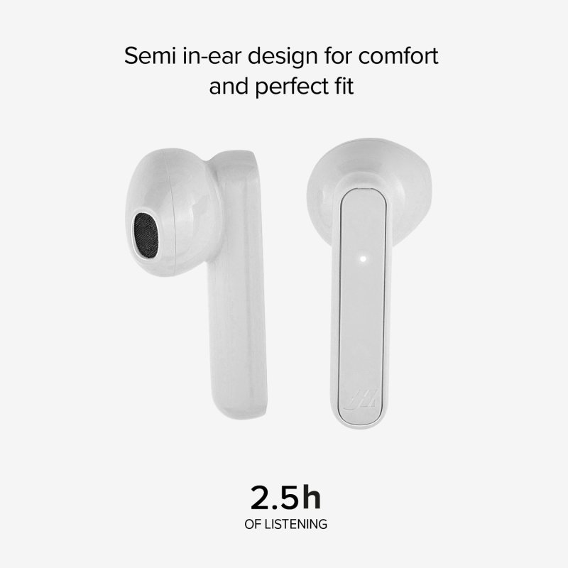 Dwa białe bezprzewodowe słuchawki. Tekst mówi: 2,5 godziny słuchania.