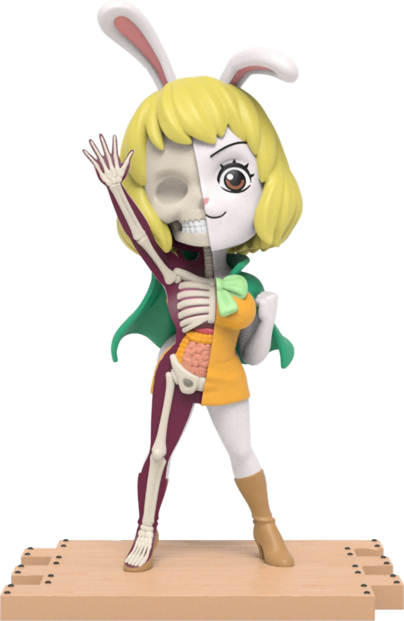 Anatomische Figur einer Zeichentrickfigur, halb Skelett, halb farbig.