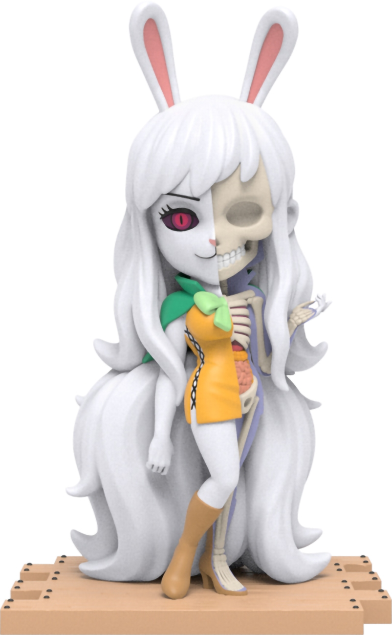 Anime-Figur: Mädchen mit Hasenohren, halb Mensch, halb Skelett, auf Holzsockel.