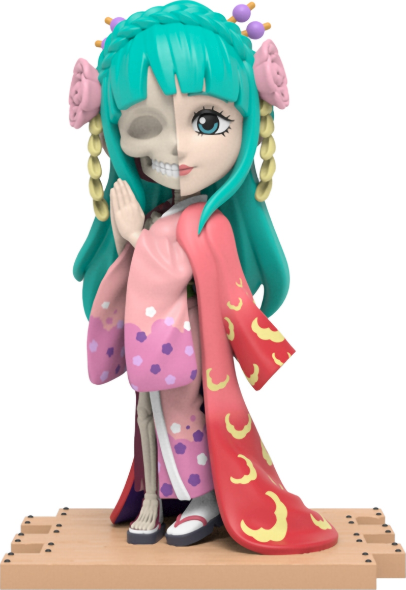 Anime-Figur: halb Mensch, halb Skelett in traditioneller Kleidung, stehend.