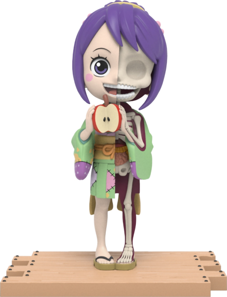 Anatomiemodell einer Manga-Figur, das einen halben Skelett zeigt, Apfel haltend.