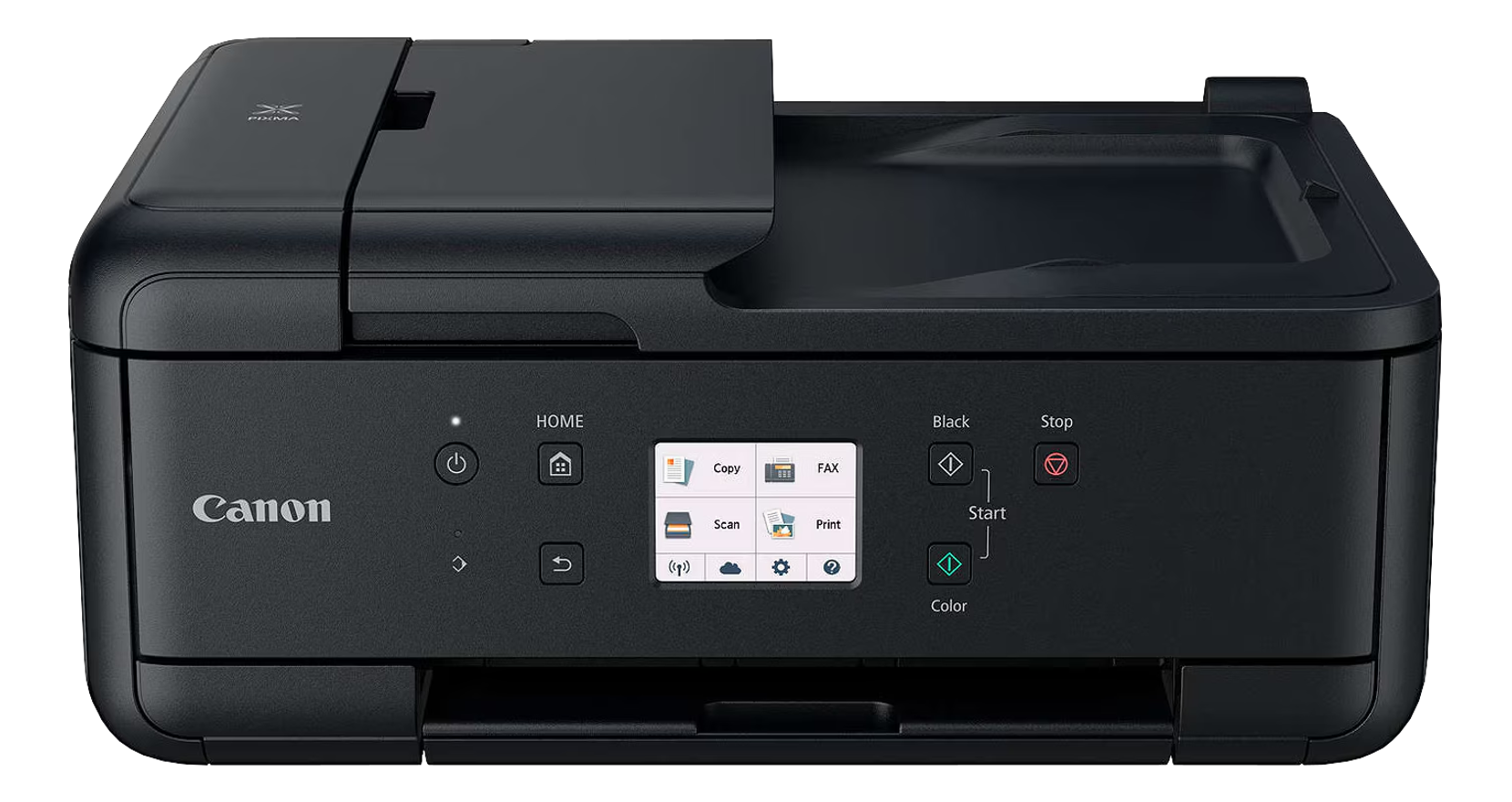 Ein schwarzer Canon-Drucker mit Touchscreen. Der Drucker hat Tasten für Home, Kopie, Scan und Druck.