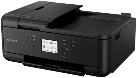 Ein schwarzer Canon-Drucker wird gezeigt. Der Drucker hat ein Touchscreen-Bedienfeld.