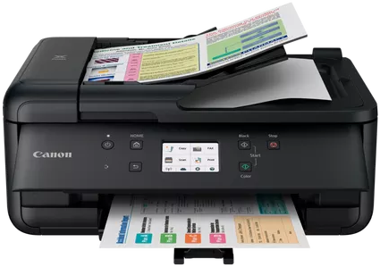 Schwarzer Canon-Drucker mit Touchscreen, der Dokumente mit farbenfrohen Diagrammen und Grafiken druckt. Weißer Hintergrund.