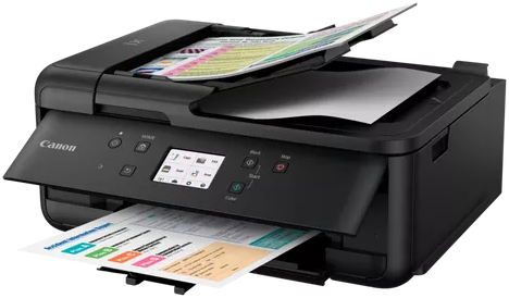 Schwarzer Canon-Drucker, der Dokumente druckt. Papierschalen und Bildschirm sichtbar, auf dunklem Grund.