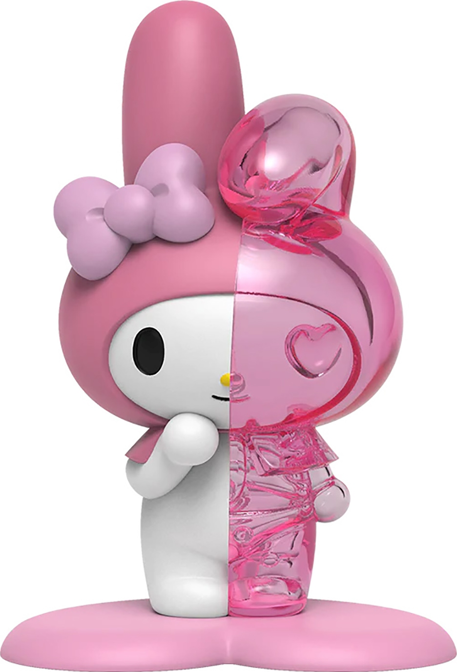 Eine My Melody-Figur, halb Mensch, halb transparent, stehend auf einer pinken Basis.