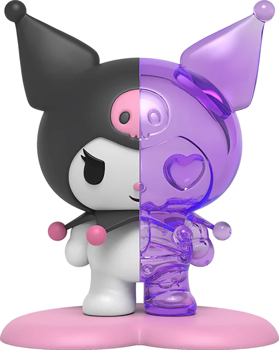 Kuromi-Figur in zwei Hälften geteilt, eine Seite zeigt das Äußere, die andere die innere Anatomie.