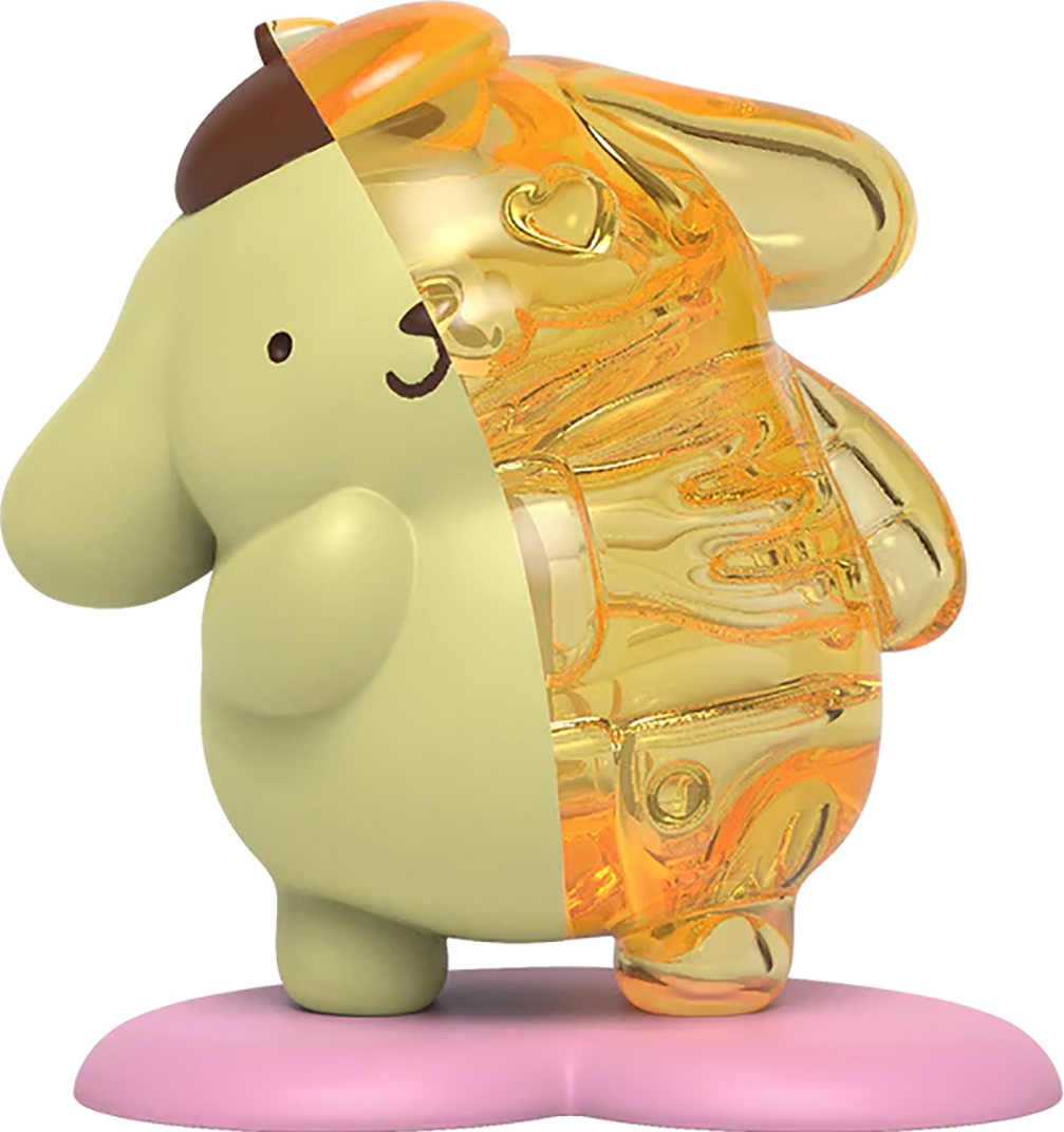 Hälfte gelber und halber transparenter Cartoon-Charakter auf rosa Basis.