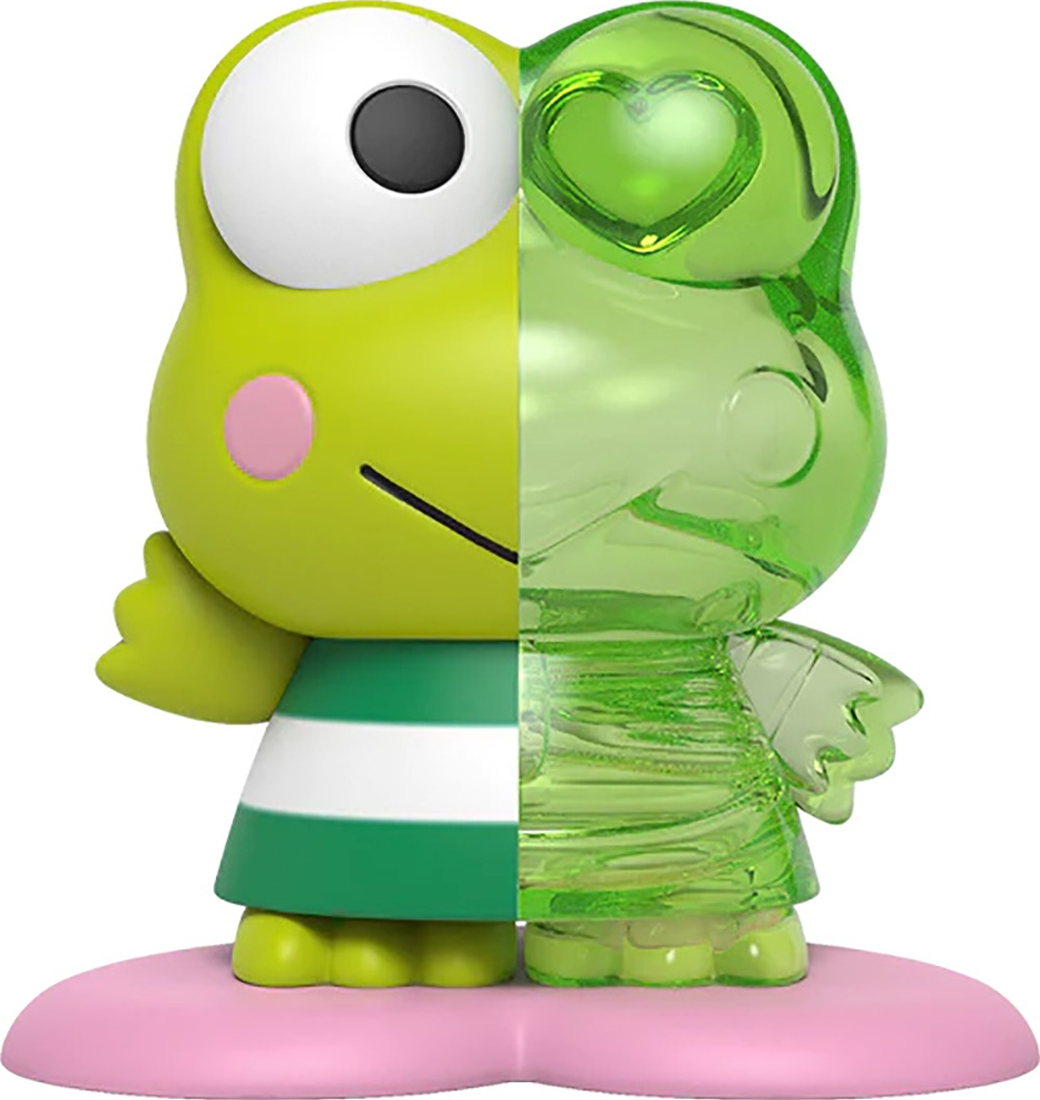 Geteiltes Keroppi-Spielzeug. Eine Hälfte ist grün, die andere transparent, mit rosa Sockel.