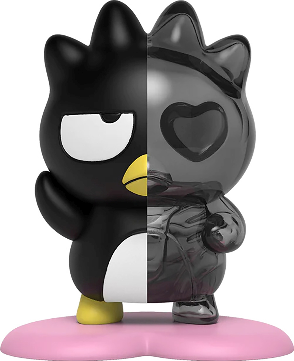 Figur mit schwarzen und grauen Seiten. Pinguinartiger Charakter mit einem offenen Auge.