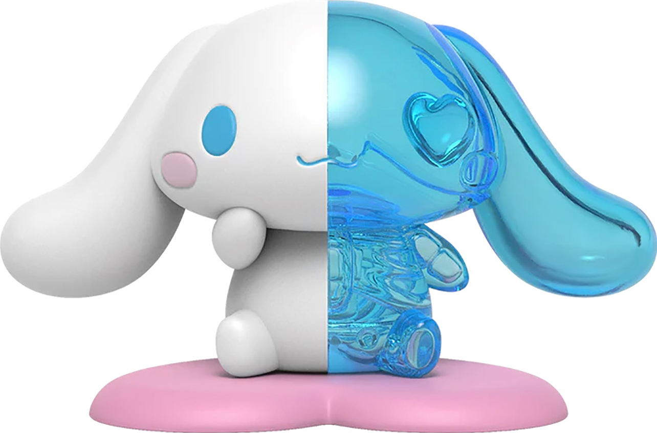 Eine geteilte Figur einer Zeichentrickfigur, eine Hälfte weiß, die andere blau und transparent.