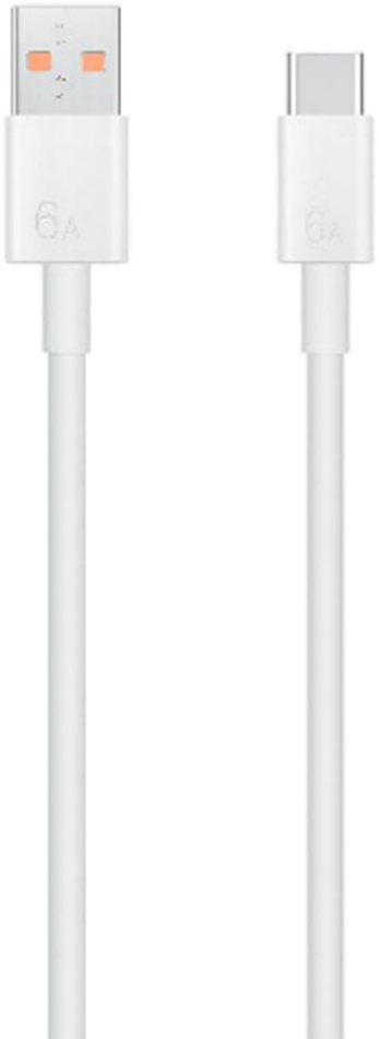 Fehér USB-A-USB-C kábel. Két vége látható. A kábel fehér, '6A' jelzéssel. Tiszta háttér.