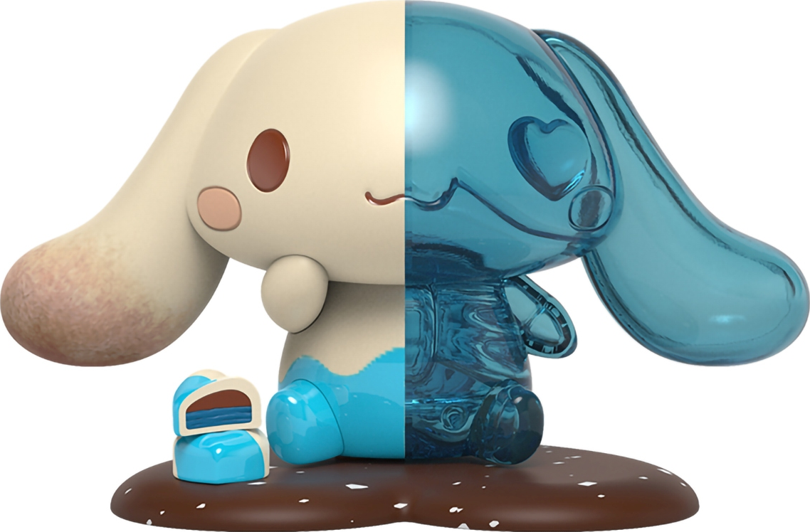 Geteiltes Bild eines Cartoon-Hasen. Eine Seite ist beige, die andere blau und transparent. Ein kleiner Kuchen.